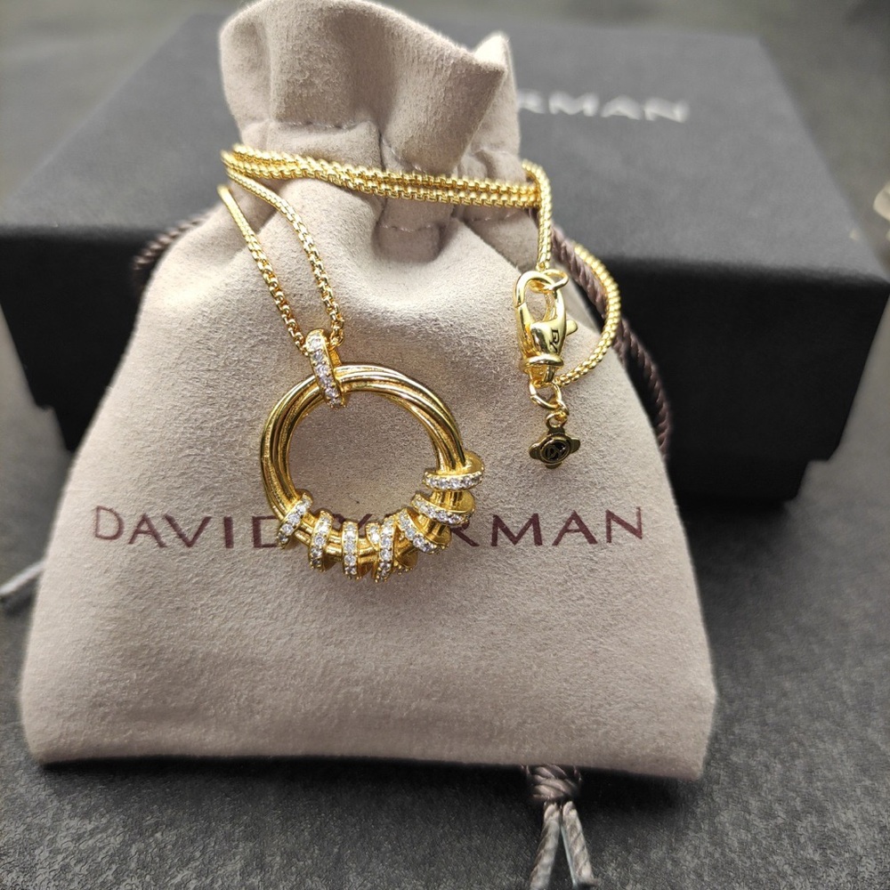 David Yurman Gold and Diamond Pave Circle Pendant Necklace
